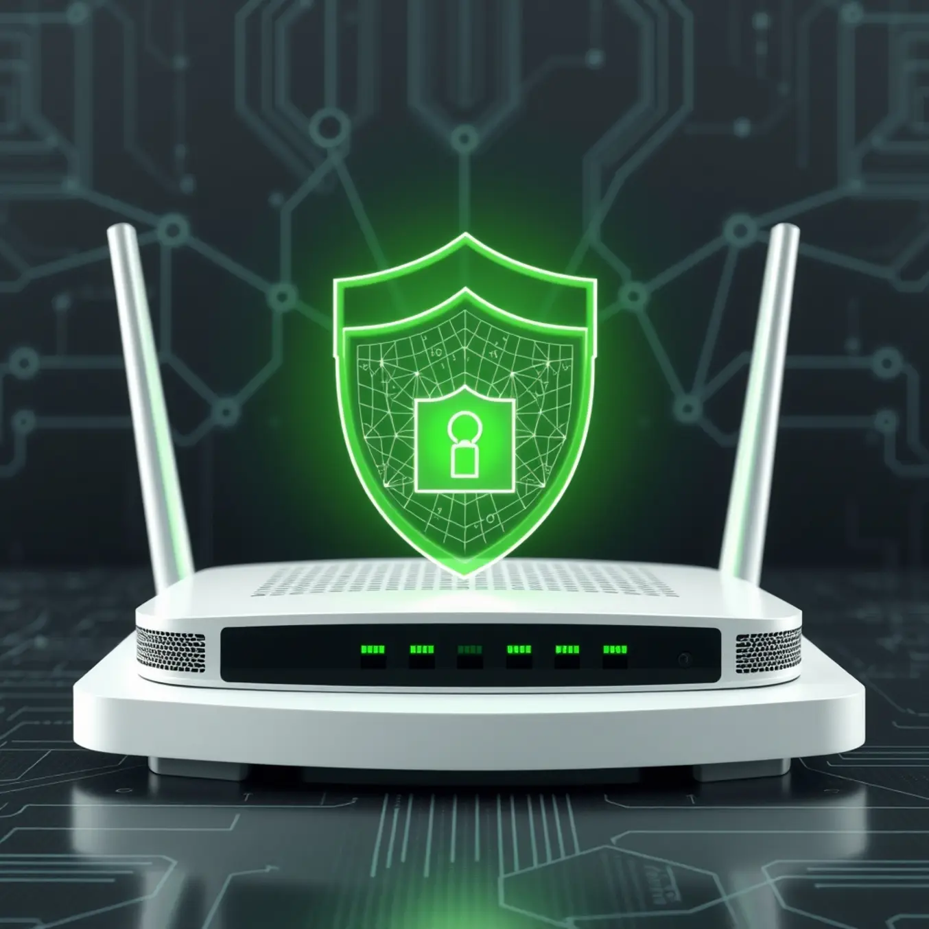 A modern router protected by a glowing, digital firewall shield on a dark tech background.