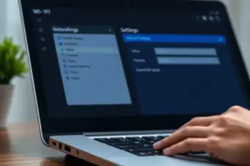 alt_text: A close-up of a modern Wi-Fi router with glowing blue lights, as a hand types on a laptop to troubleshoot network connectivity.