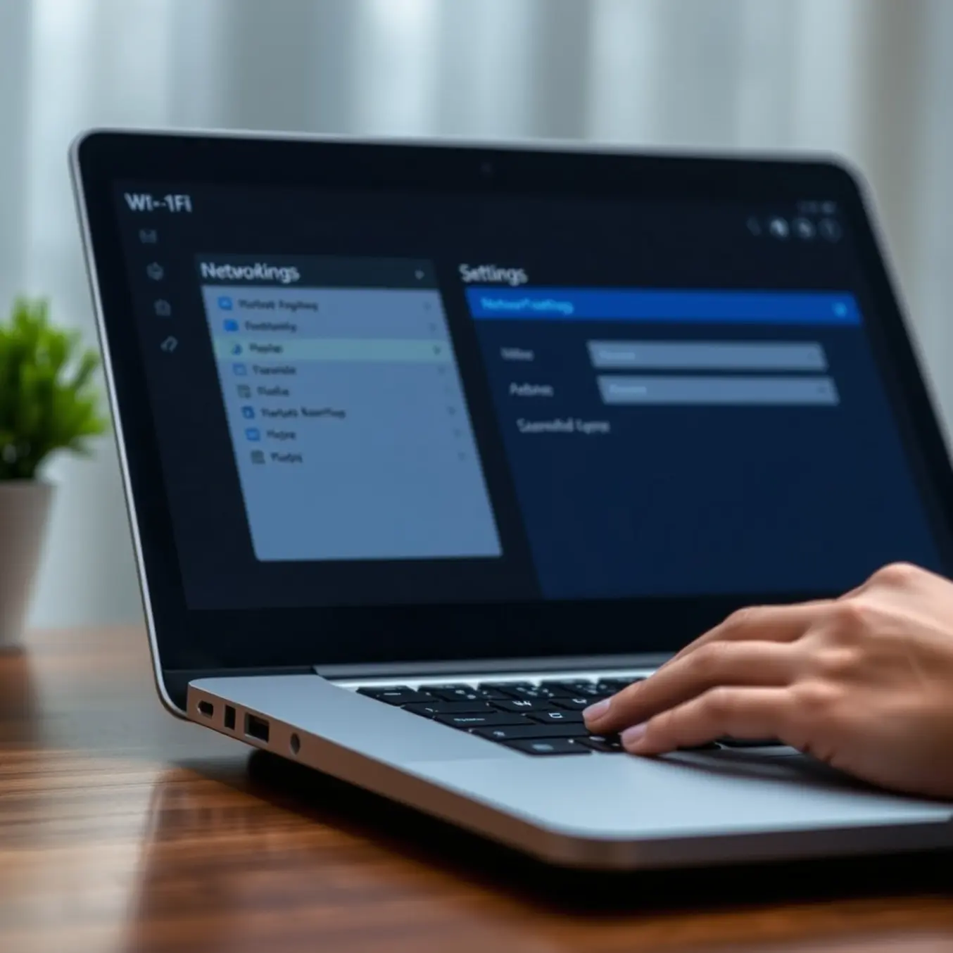 alt_text: A close-up of a modern Wi-Fi router with glowing blue lights, as a hand types on a laptop to troubleshoot network connectivity.