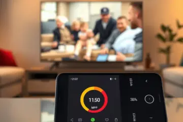 A smartphone shows a high-speed internet test result, with a smart TV playing a crisp movie in a warm, modern living room.