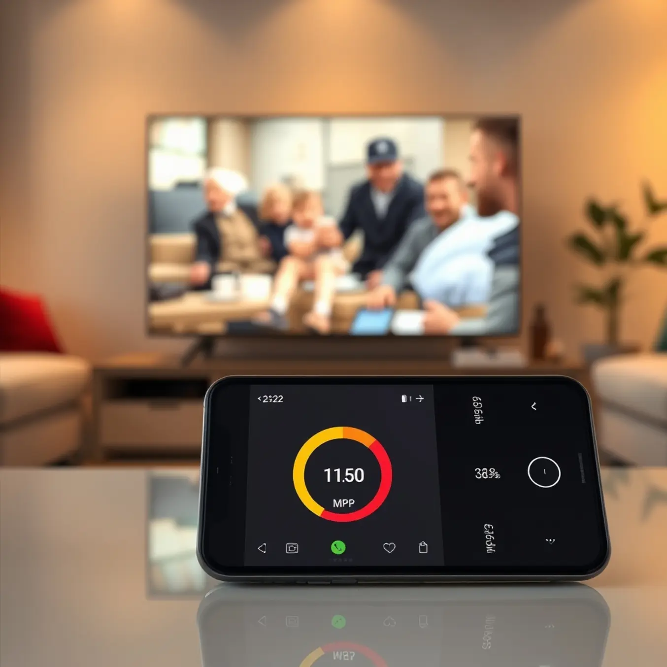 A smartphone shows a high-speed internet test result, with a smart TV playing a crisp movie in a warm, modern living room.