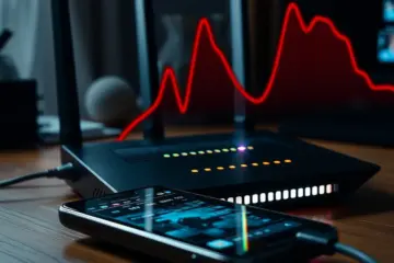 Glowing router with glitching sports stream on a tablet, depicting network packet loss issues.