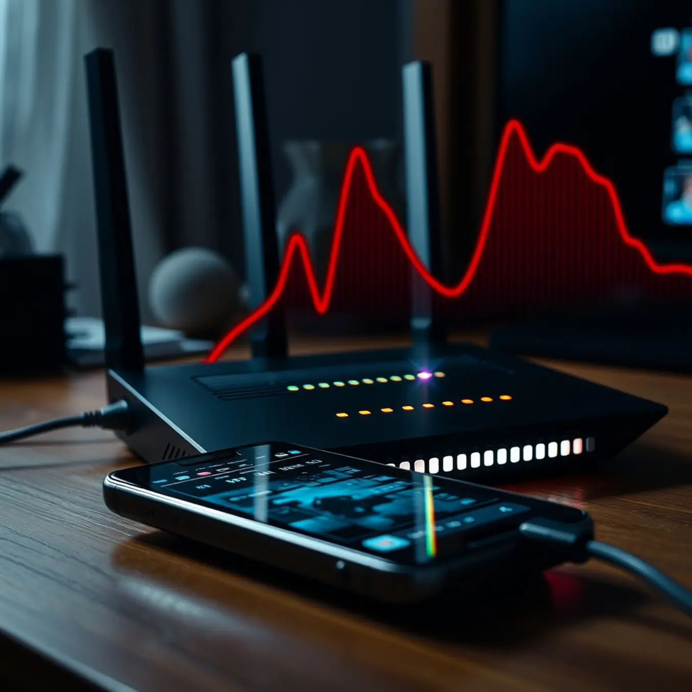 Glowing router with glitching sports stream on a tablet, depicting network packet loss issues.