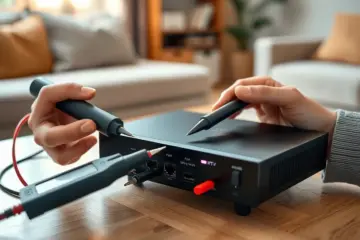 A technician uses a multimeter to test the power input on a modern IPTV set-top box.