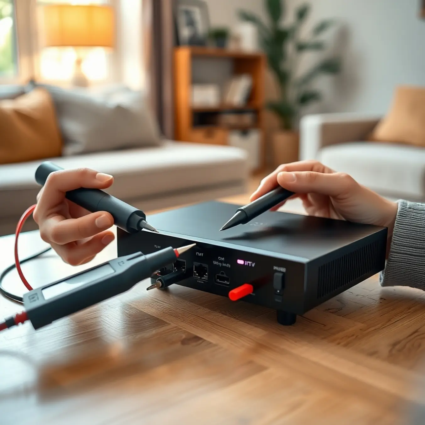 A technician uses a multimeter to test the power input on a modern IPTV set-top box.