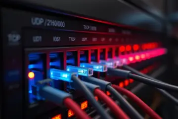 A photorealistic close-up of a modern router with glowing fiber optics, showing blue UDP and red TCP data packets flowing.