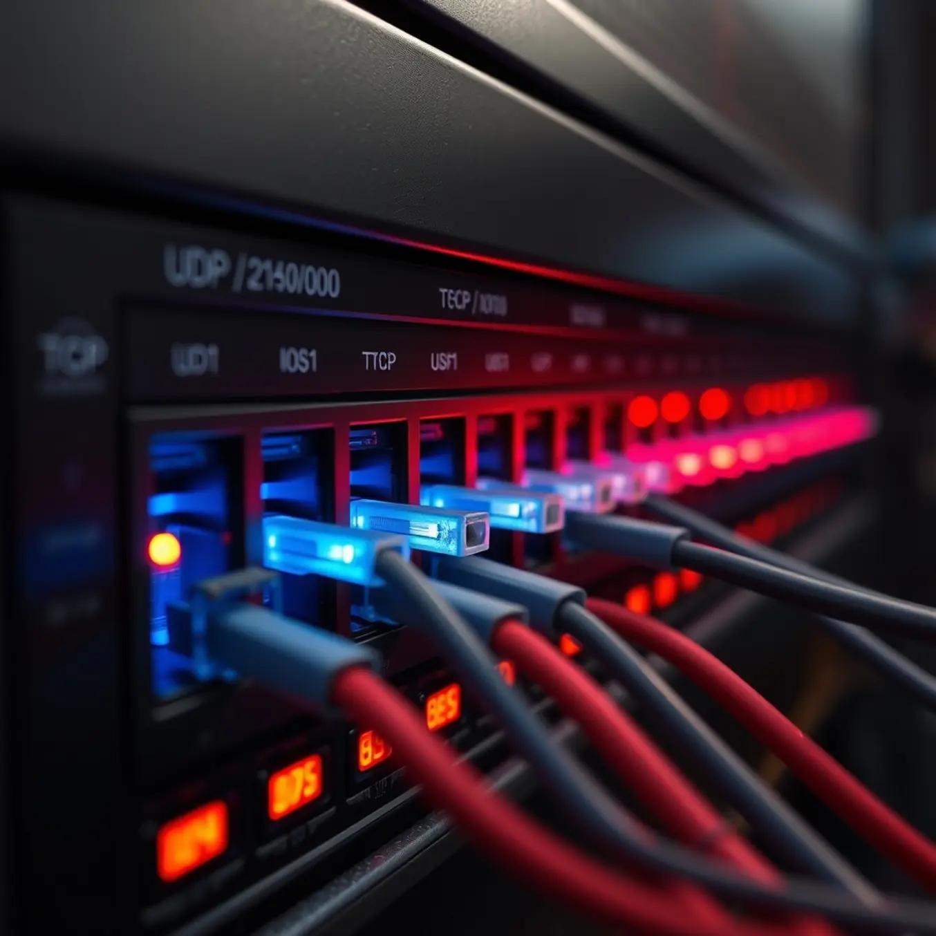 A photorealistic close-up of a modern router with glowing fiber optics, showing blue UDP and red TCP data packets flowing.