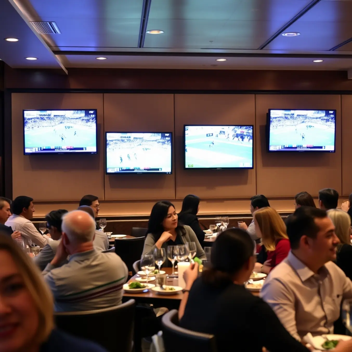 alt_text: A lively upscale restaurant with guests watching various sports on sleek, wall-mounted TVs during a bustling dinner service.