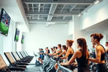 alt_text: A vibrant fitness studio where diverse individuals exercise on treadmills and bikes, watching live sports on wall-mounted screens.
