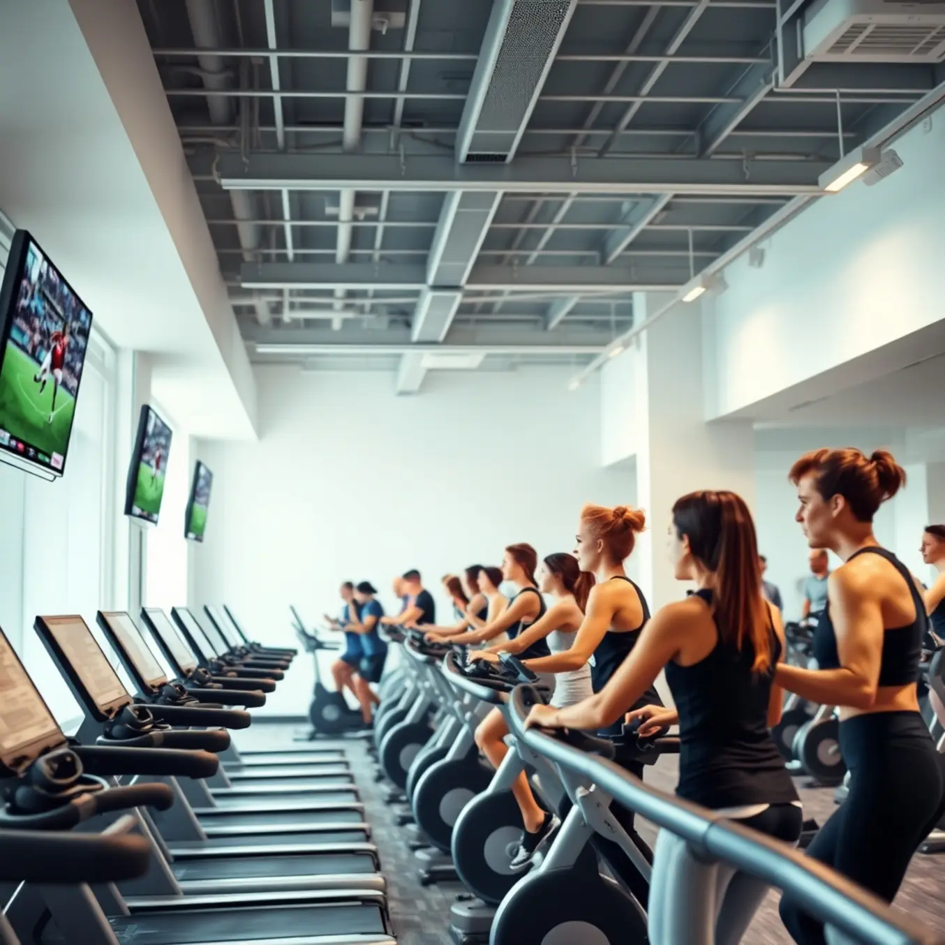 alt_text: A vibrant fitness studio where diverse individuals exercise on treadmills and bikes, watching live sports on wall-mounted screens.