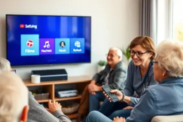 alt_text: A caregiver assists diverse seniors in a bright, modern common room as they watch a large TV with a simple, easy-to-use interface.