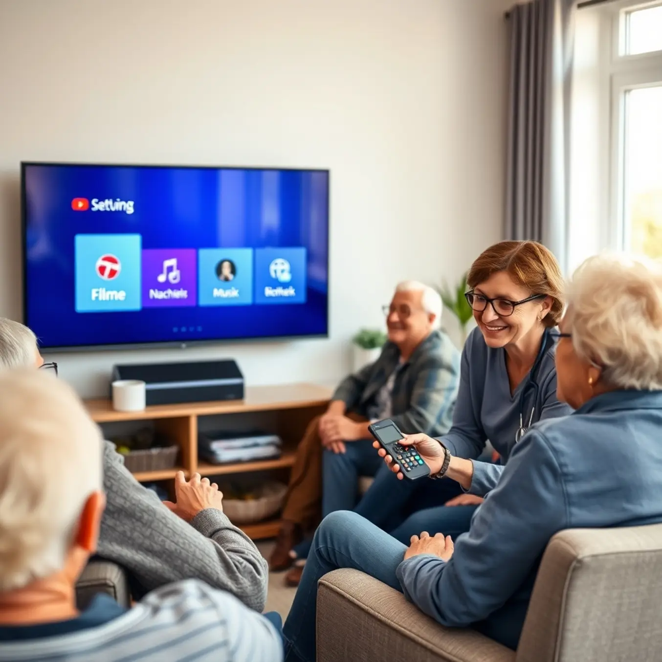 alt_text: A caregiver assists diverse seniors in a bright, modern common room as they watch a large TV with a simple, easy-to-use interface.