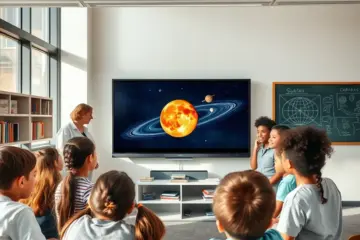 alt_text: Students and a teacher gathered in a bright school library, collaboratively watching an educational video about the solar system on a large smart screen.
