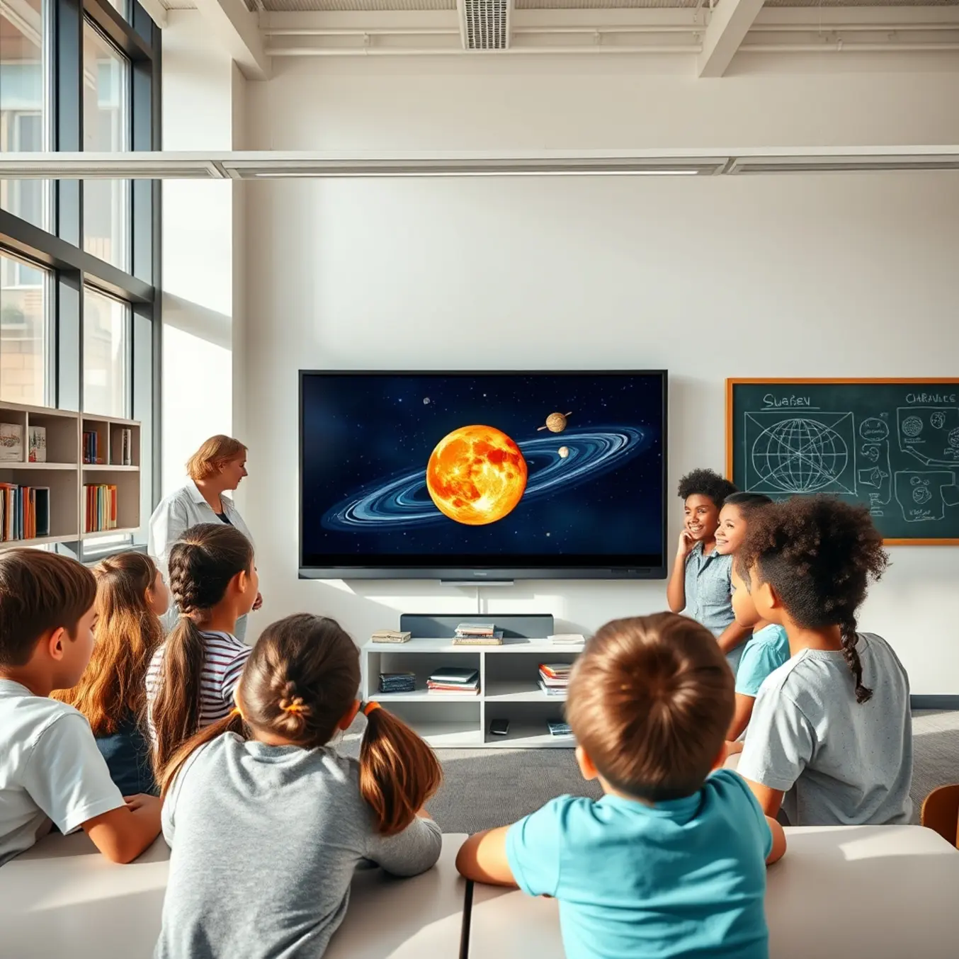 alt_text: Students and a teacher gathered in a bright school library, collaboratively watching an educational video about the solar system on a large smart screen.