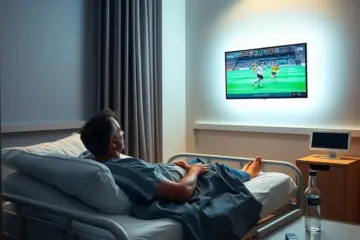 Ein Patient verfolgt entspannt ein Fußballspiel von seinem Krankenhausbett aus.