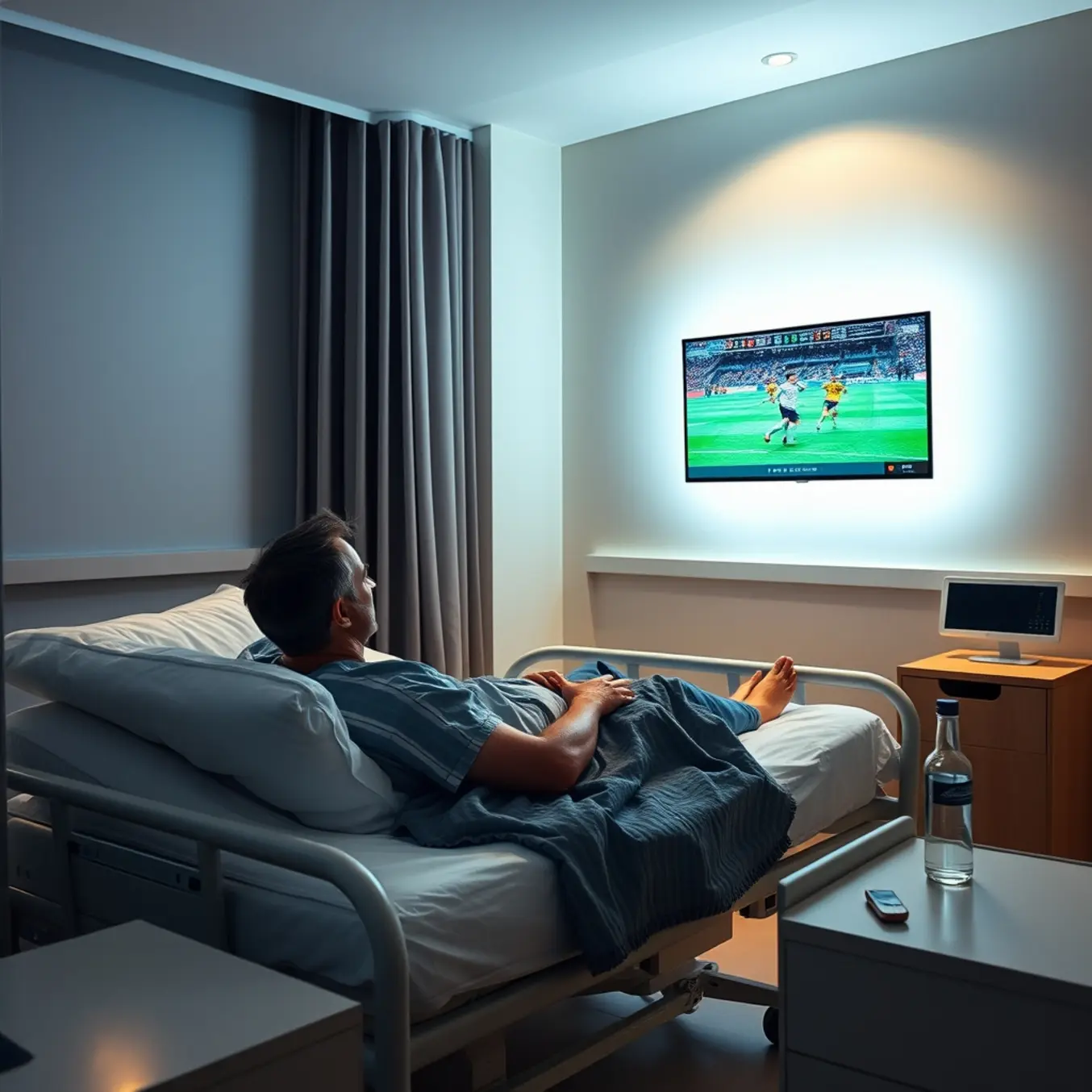 Ein Patient verfolgt entspannt ein Fußballspiel von seinem Krankenhausbett aus.