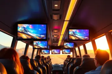 alt_text: A modern coach bus at sunset, passengers watching vibrant content on overhead LCD monitors in a luxurious, tech-forward cabin.