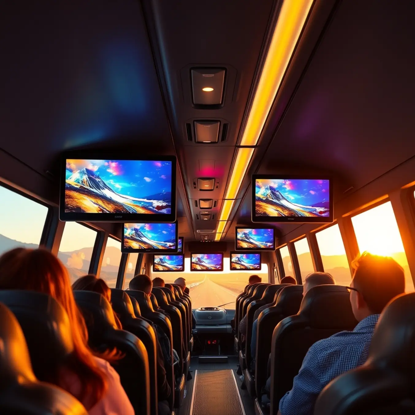 alt_text: A modern coach bus at sunset, passengers watching vibrant content on overhead LCD monitors in a luxurious, tech-forward cabin.
