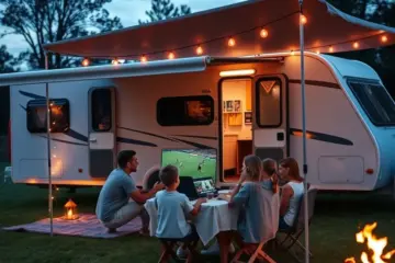 A family camps under string lights, watching a sports stream on a laptop outside their caravan at dusk.