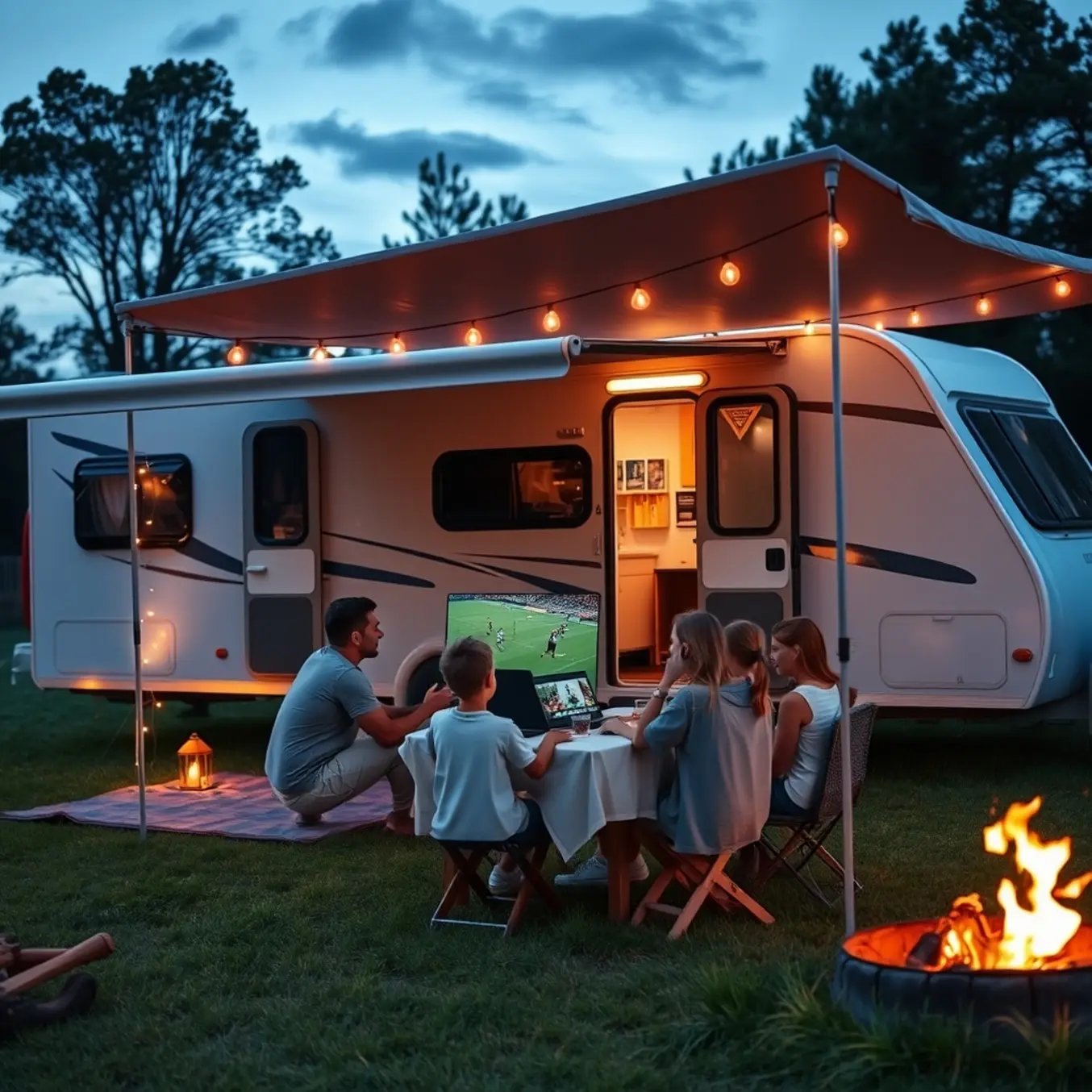 A family camps under string lights, watching a sports stream on a laptop outside their caravan at dusk.
