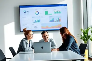 A team collaborates in a modern office, using a large wall-mounted TV displaying a data dashboard for their presentation.