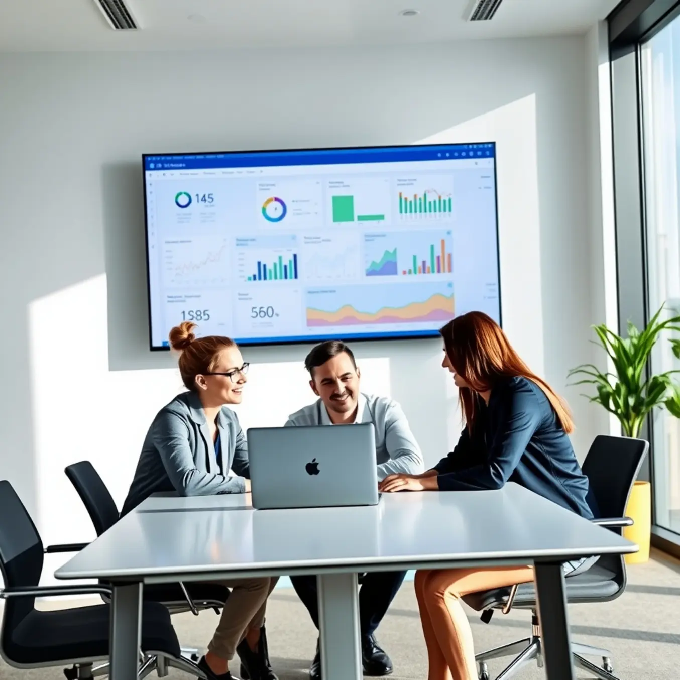 A team collaborates in a modern office, using a large wall-mounted TV displaying a data dashboard for their presentation.