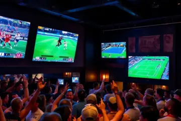 alt_text: A lively sports bar at night, with a diverse crowd cheering as they watch multiple large screens showing different live sports events.