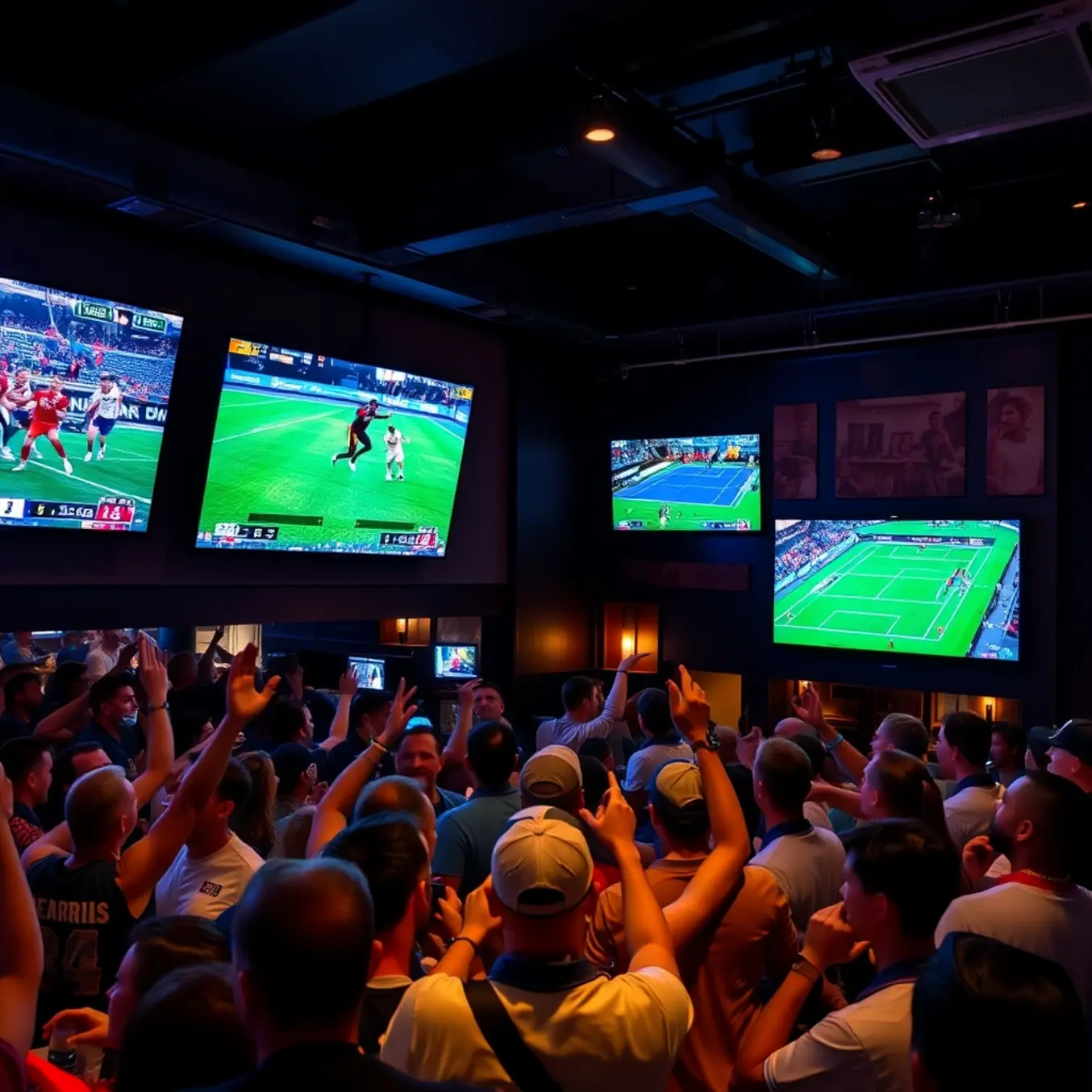 alt_text: A lively sports bar at night, with a diverse crowd cheering as they watch multiple large screens showing different live sports events.