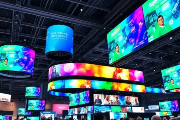 Modern trade show with large LED screens displaying vibrant branded content and live streams, attendees engaging with interactive displays.