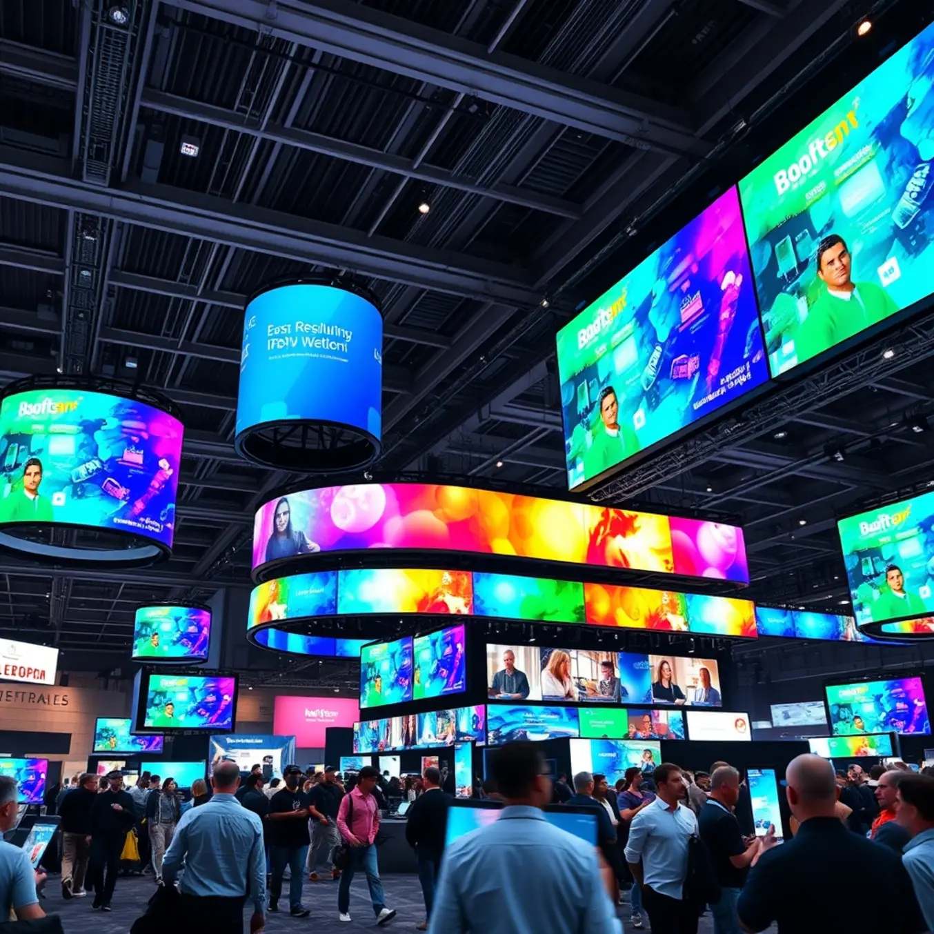 Modern trade show with large LED screens displaying vibrant branded content and live streams, attendees engaging with interactive displays.