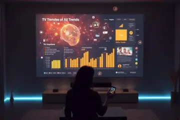 alt_text: A person in a futuristic living room interacts with a holographic interface, dominated by a large transparent OLED screen showing AI data visualizations.
