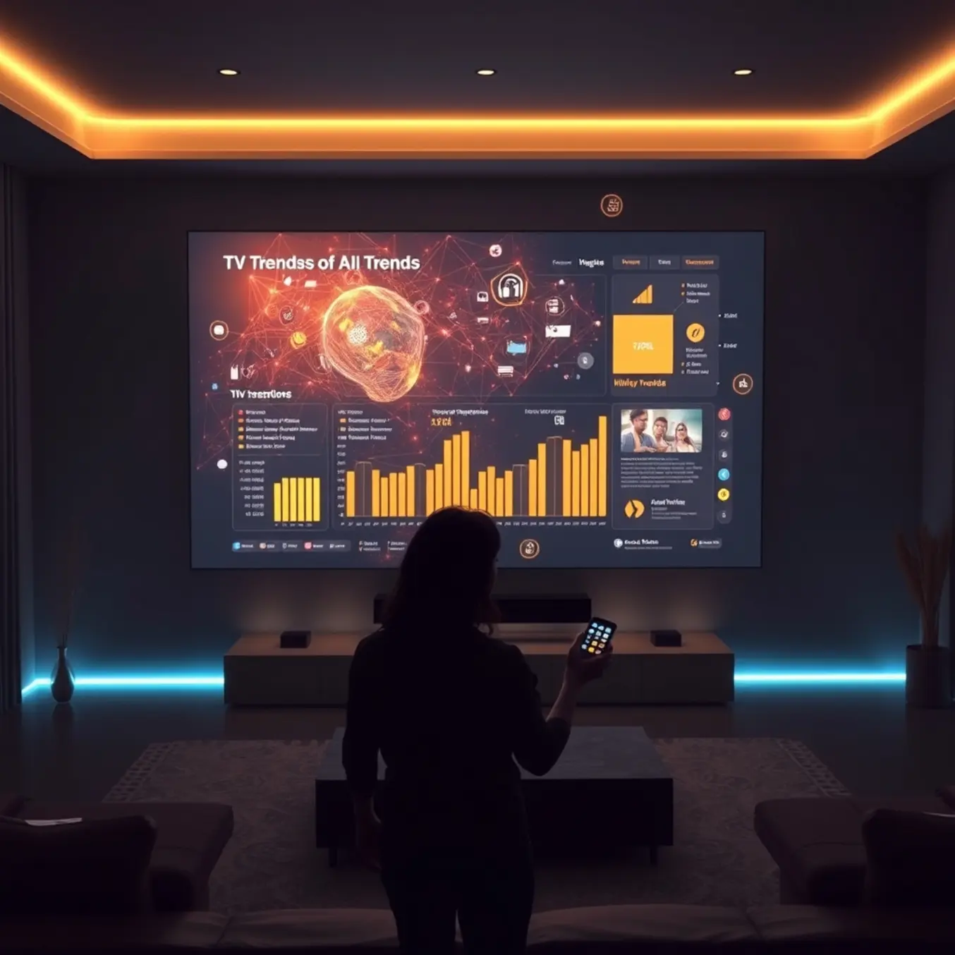 alt_text: A person in a futuristic living room interacts with a holographic interface, dominated by a large transparent OLED screen showing AI data visualizations.