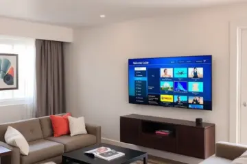 alt_text: A modern vacation apartment's living room with a large TV displaying a channel guide, sofa, and guest welcome guide.