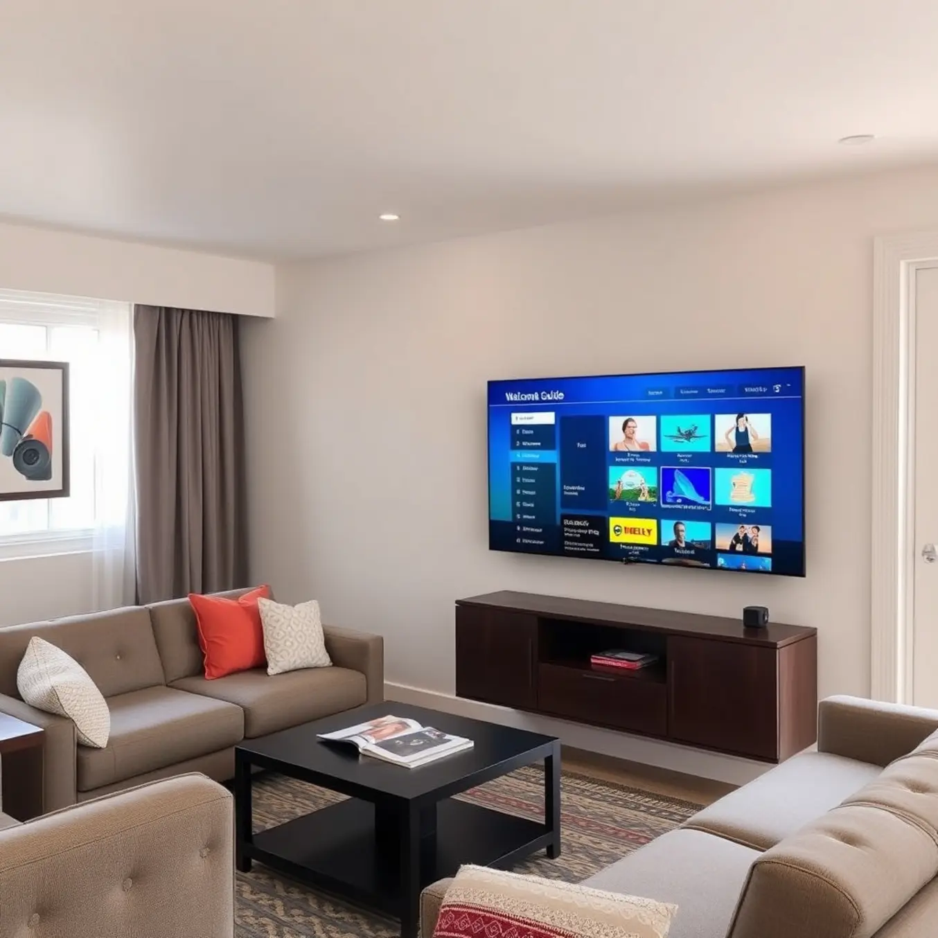 alt_text: A modern vacation apartment's living room with a large TV displaying a channel guide, sofa, and guest welcome guide.