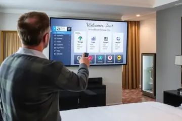 alt_text: A hotel guest uses a remote to interact with a personalized welcome IPTV dashboard on a modern TV in a stylish room.