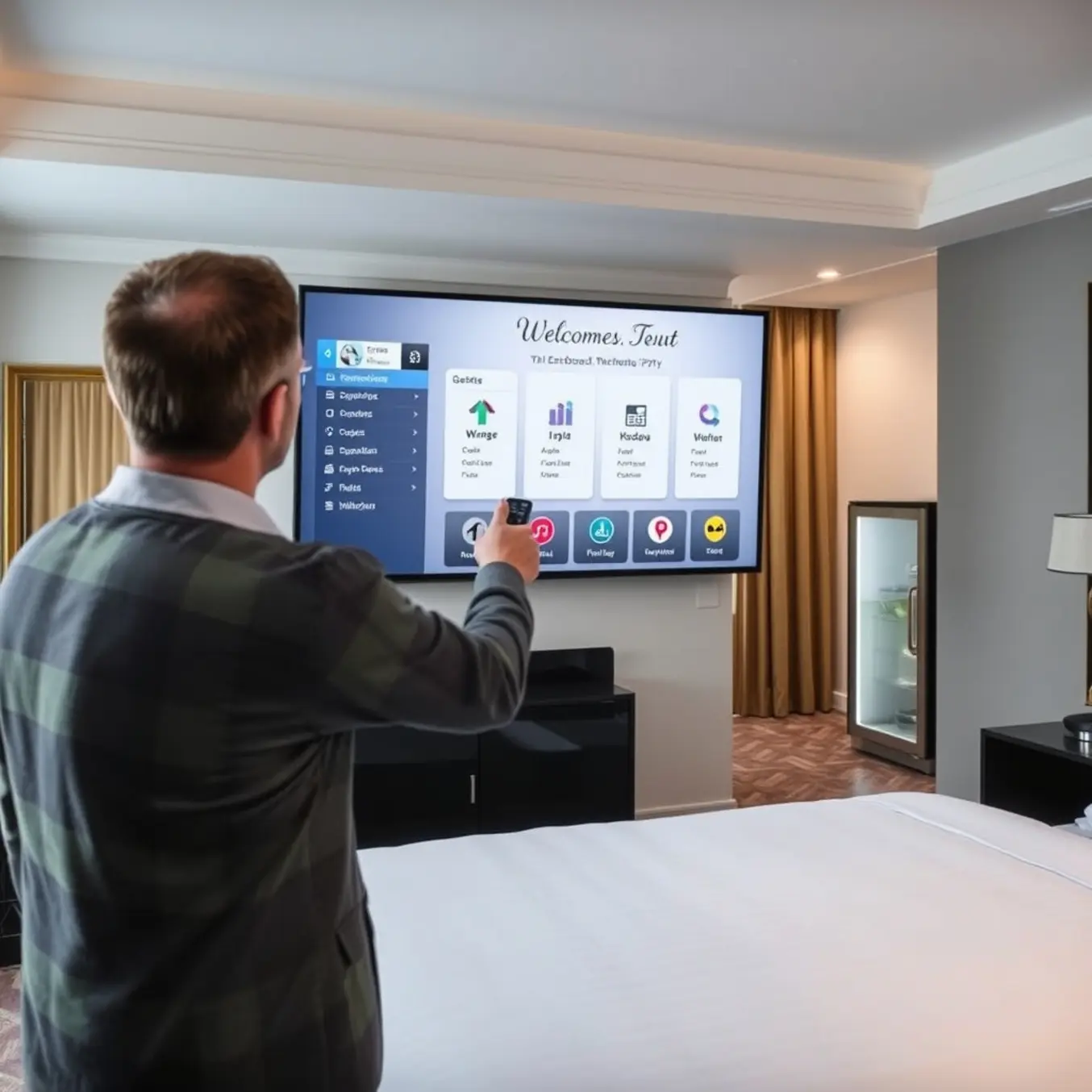 alt_text: A hotel guest uses a remote to interact with a personalized welcome IPTV dashboard on a modern TV in a stylish room.