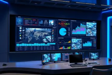 A smart city control room monitoring IPTV network performance and public video feeds via data analytics dashboards.
