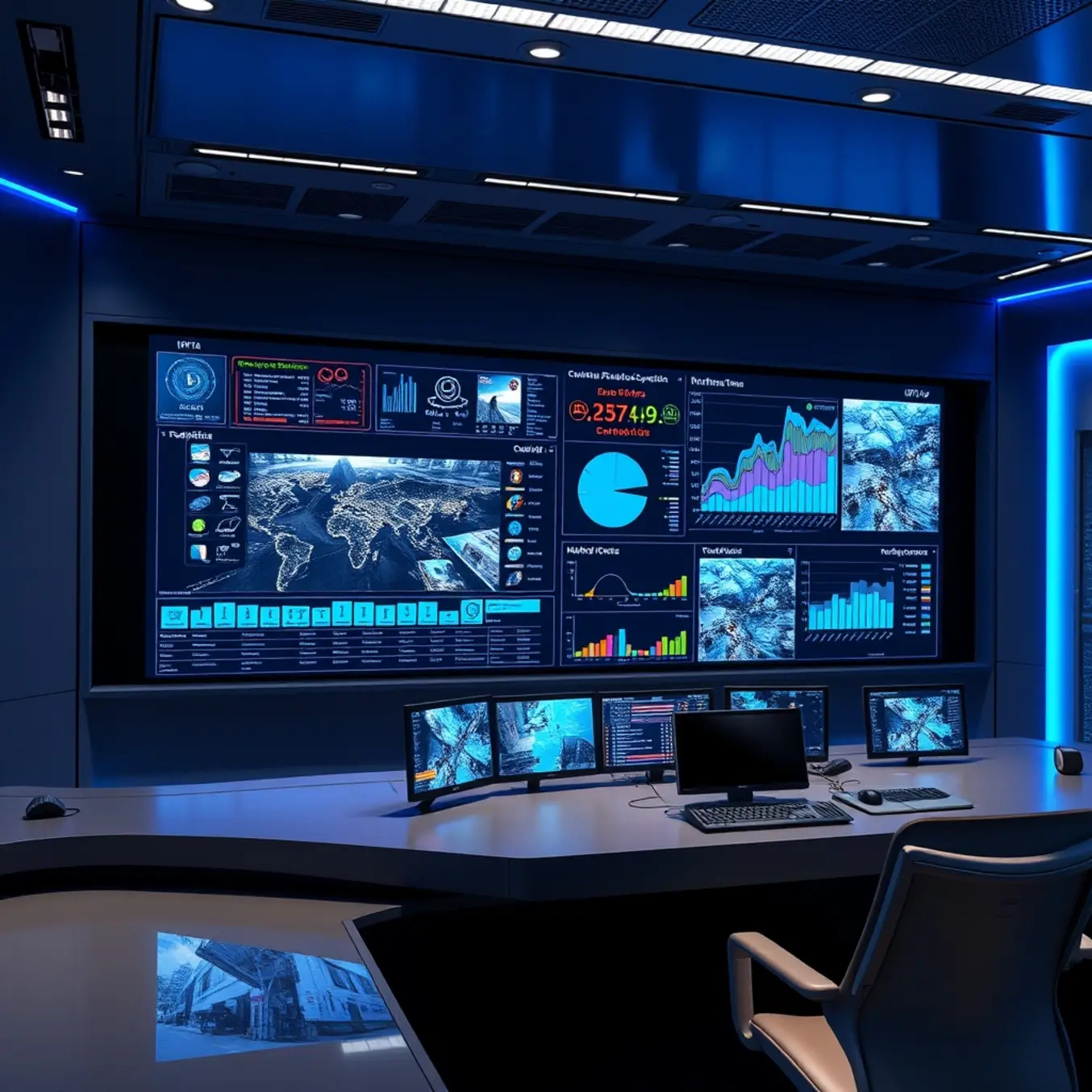 A smart city control room monitoring IPTV network performance and public video feeds via data analytics dashboards.