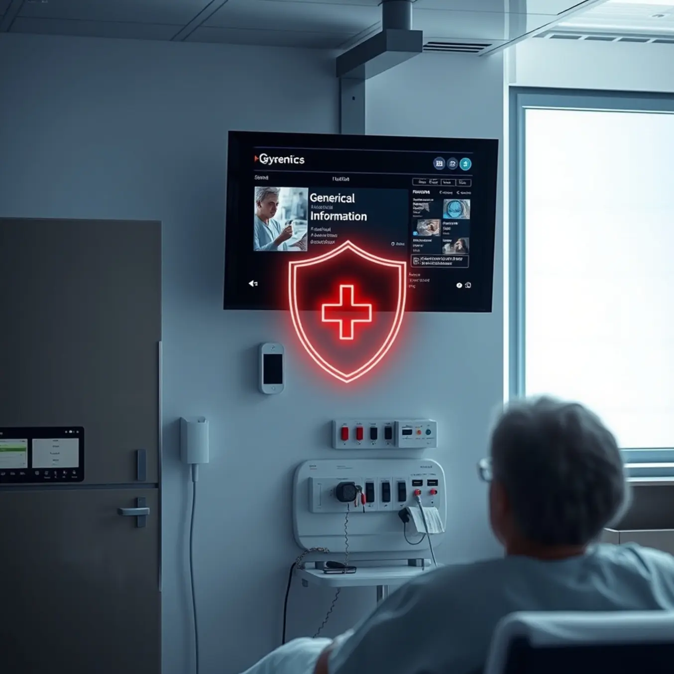 A patient watches a secure medical information display on a hospital room television.