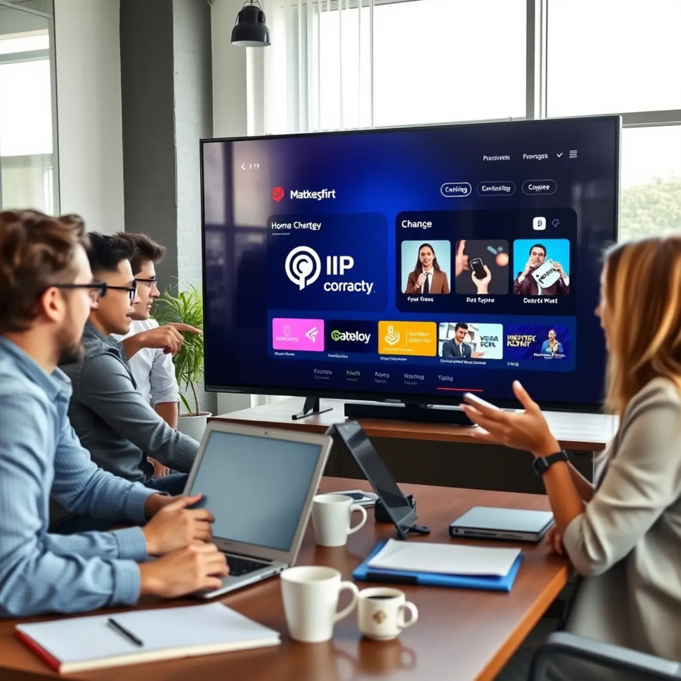 A professional marketing team collaborates around a vibrant IPTV interface displaying their branded content.