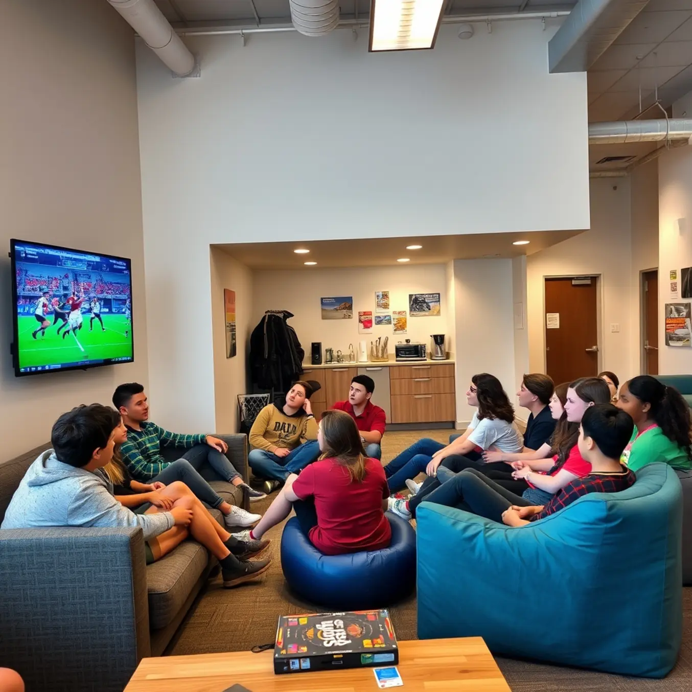 alt_text: A diverse group of teens and young adults socializes in a bright community lounge while watching a sports game on a large TV.