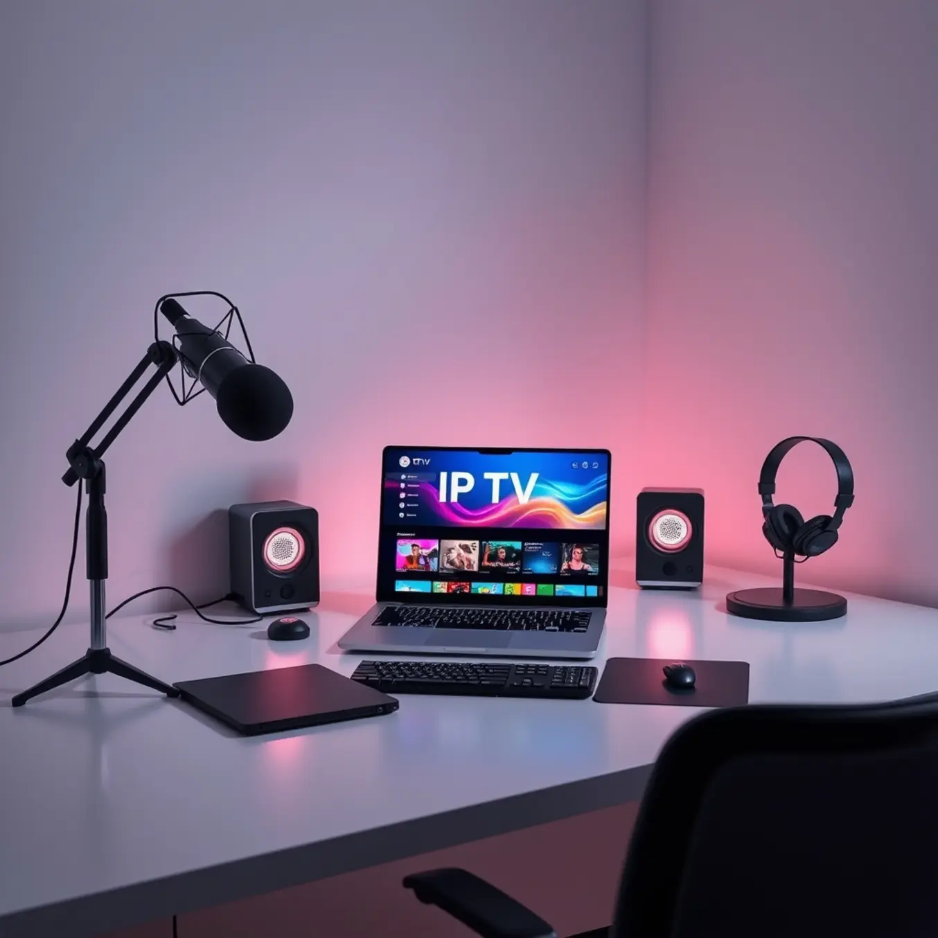 A content creator's modern desk with a laptop showing a vibrant IPTV interface, professional microphone, and cinematic lighting.