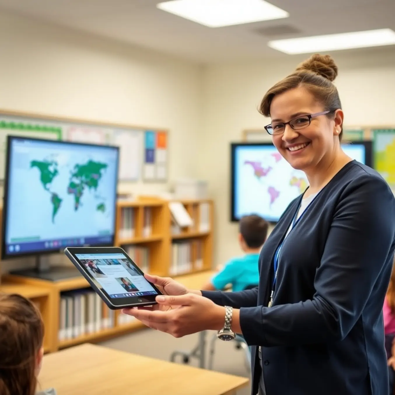A teacher uses a tablet to stream educational content on a digital display in a bright, modern classroom.