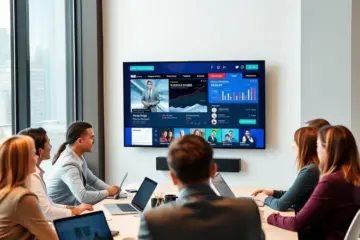 A diverse team collaborates in a modern office, reviewing business data displayed on a large wall-mounted smart TV.