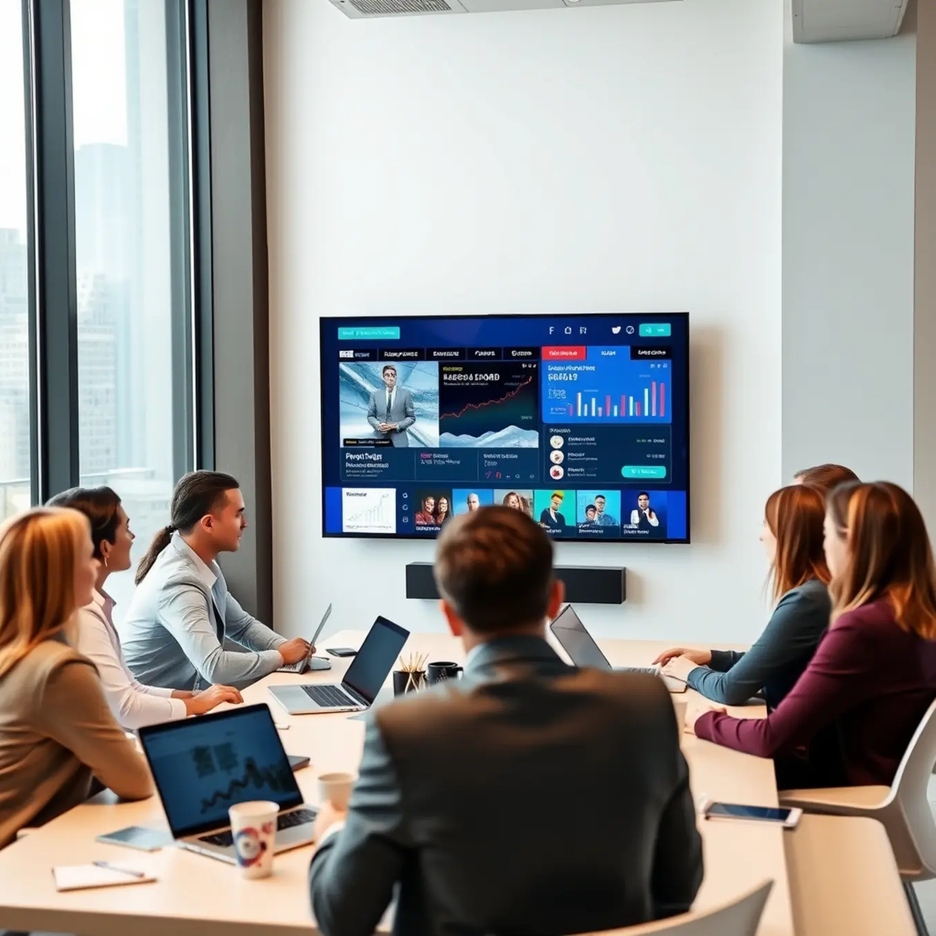 A diverse team collaborates in a modern office, reviewing business data displayed on a large wall-mounted smart TV.