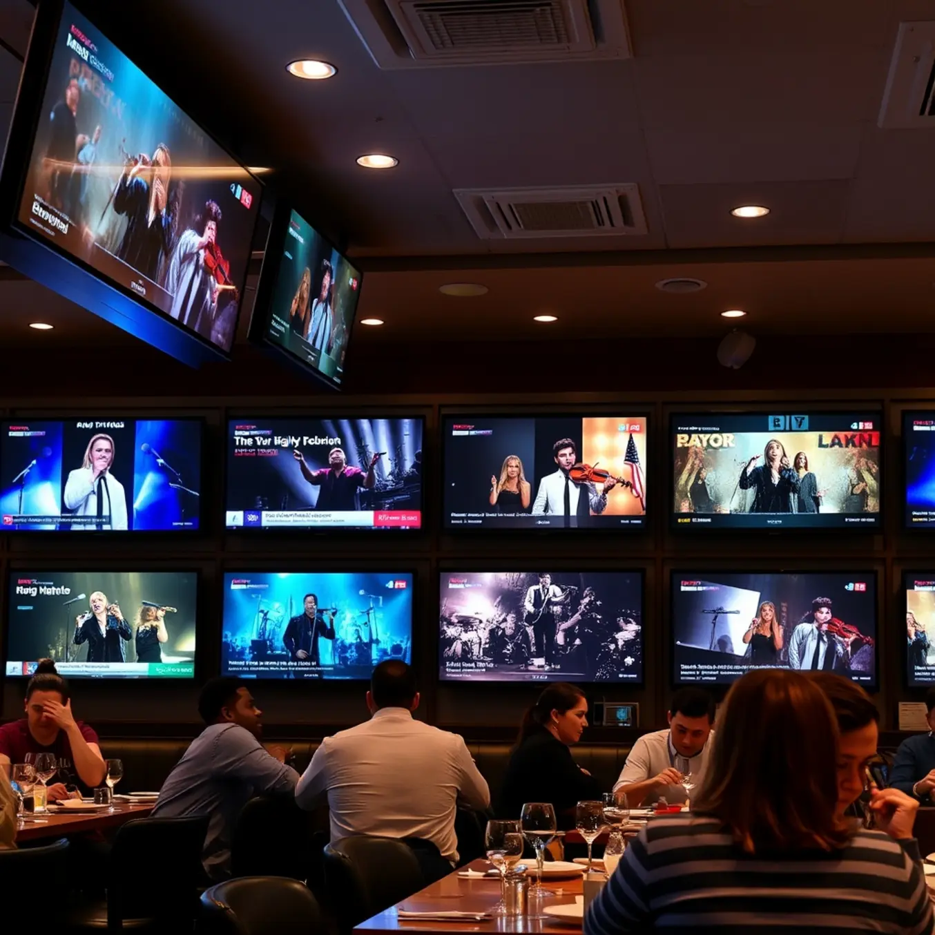 alt_text: A lively modern restaurant at night, with wall-mounted TVs showing music videos as patrons dine in the warm, ambient lighting.