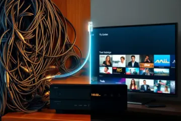 From tangled coaxial cables to sleek streaming, this split-view image shows television's evolution.