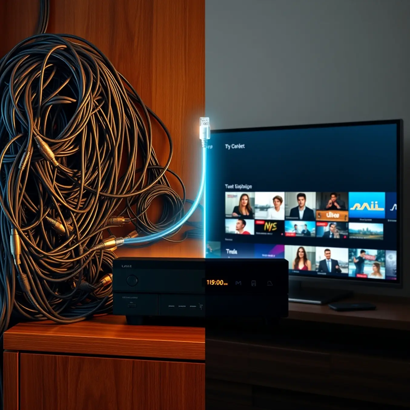 From tangled coaxial cables to sleek streaming, this split-view image shows television's evolution.